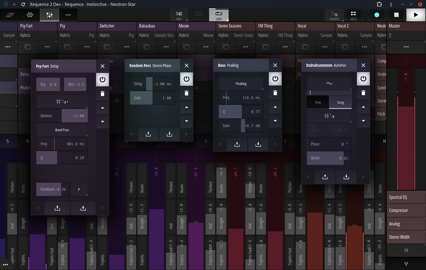 The Xequence Audio mixer with four effect windows open, running in a browser tab.
